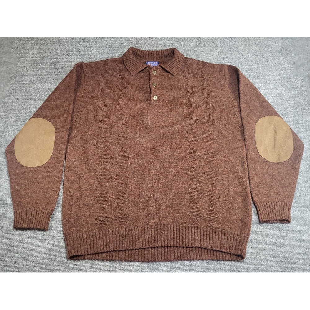 Vintage Pendleton 100% Shetland Wool Knit Brown 3-Button Polo Sweater Sz XL